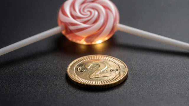 Goldene Zwei-M&uuml;nze mit CandyCoins-Lolli f&uuml;r den zweiten Einzahlungsbonus bei Iris Casino