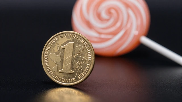 Goldene Eins-M&uuml;nze mit CandyCoins-Lolli f&uuml;r den ersten Einzahlungsbonus bei Iris Casino
