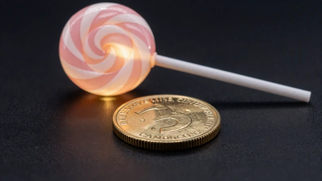 Goldene Drei-M&uuml;nze mit CandyCoins-Lolli f&uuml;r den dritten Einzahlungsbonus bei Iris Casino